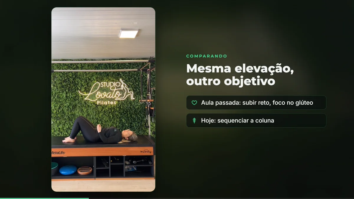 Frame da Aula 4: Pricila deitada de lado no tapete com o card “Deite de lado” na tela, mostrando o alinhamento do pescoço.